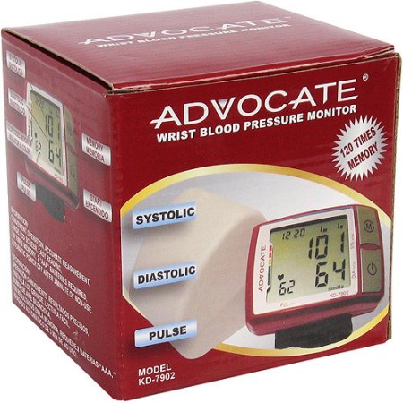 Advocate Wrist Blood pressure monitor. Packaged in a medium/small sized red cardboard box.