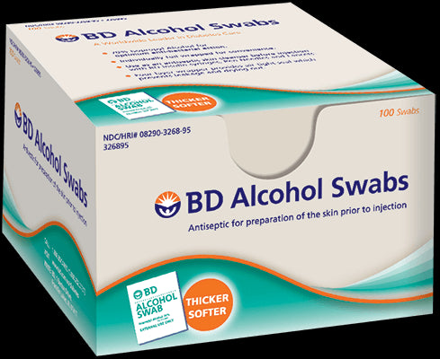 BD alcohol swabs 100 count. Packaged in a tan, green, and orange cardboard box