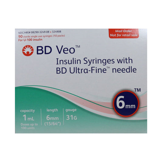 BD ultra fine syringes Veo 1cc 6mm 31 gauge 90 count. Packaged in a white and teal green small cardboard box