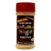 Sans Sucre Sugar-Free Cinnamon Sugar Substitute. Packaged in a small plastic clear and black container with a red top.