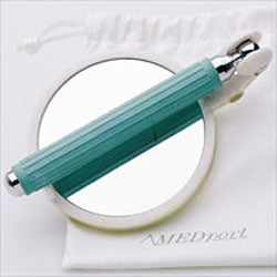 Telescoping Self Examination Mirror. Teal handle with mirror attachment.